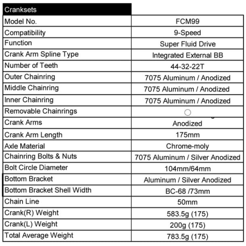 FCM99 Crankset MTB6061 Aluminum Crank Arms Weight  783.5g